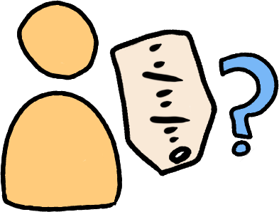 An emoji yellow figure next to a label that has a two small lines, a slash, two small lines, a slash, and then two small lines. To the right of the person and label is a light blue question mark.